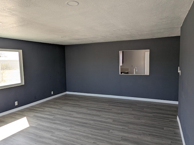 empty room featuring baseboards, a textured ceiling, wood finished floors, and a sink
