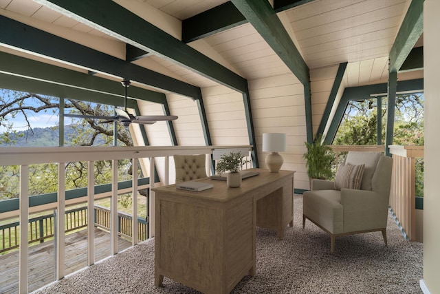 office featuring carpet floors, wood ceiling, ceiling fan, and vaulted ceiling with beams