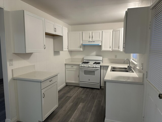 15284 Carol St, Mojave, CA 93501 - kitchen with white gas stove, a sink, under cabinet range hood, dark wood-type flooring, and white cabinetry