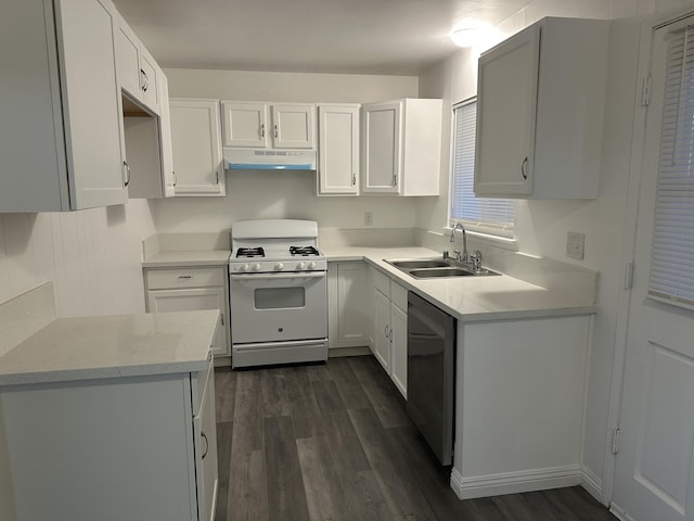 15284 Carol St, Mojave, CA 93501 - kitchen featuring white range with gas cooktop, under cabinet range hood, a sink, dishwasher, and dark wood-style floors