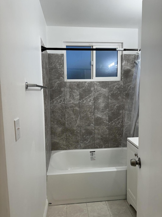 15284 Carol St, Mojave, CA 93501 - bathroom featuring shower / bathtub combination with curtain, tile patterned flooring, vanity, and baseboards