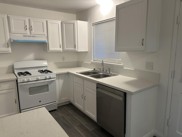 15284 Carol St, Mojave, CA 93501 - kitchen with white range with gas cooktop, dishwasher, a sink, under cabinet range hood, and dark wood-style floors