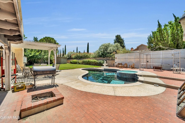 3628 Marilynn St, Lancaster, CA 93536 - view of swimming pool with a patio, a pergola, a fenced backyard, and a pool with connected hot tub