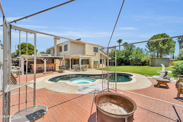 3628 Marilynn St, Lancaster, CA 93536 - outdoor pool featuring a fire pit, an in-ground hot tub, a patio, a shed, and a yard