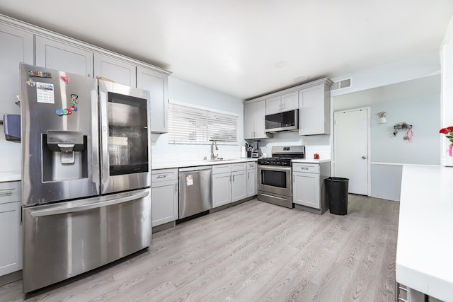 kitchen featuring appliances with stainless steel finishes, light hardwood / wood-style floors, sink, and gray cabinetry