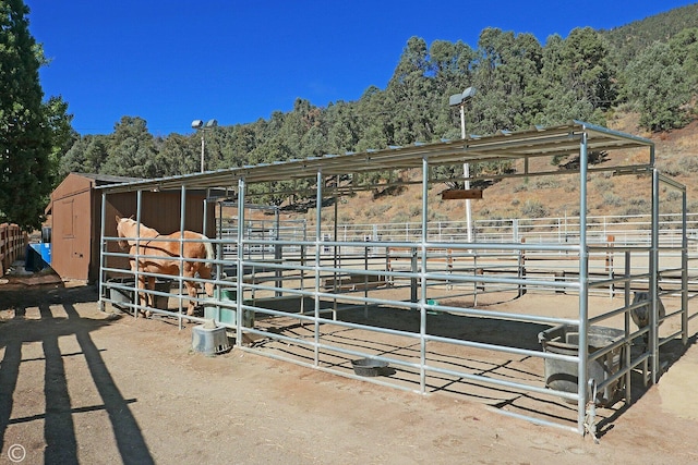 view of horse barn with a rural view