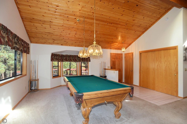 recreation room featuring light colored carpet, high vaulted ceiling, wooden ceiling, and pool table