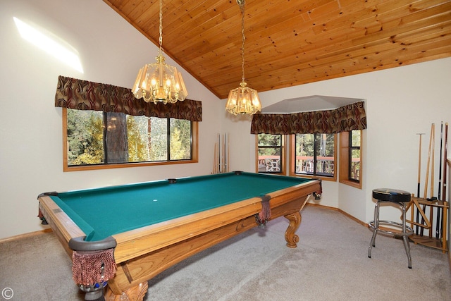 rec room with a wealth of natural light, lofted ceiling, pool table, and an inviting chandelier