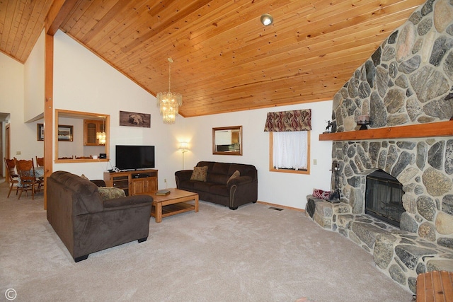 living room featuring wooden ceiling, high vaulted ceiling, an inviting chandelier, carpet flooring, and a fireplace