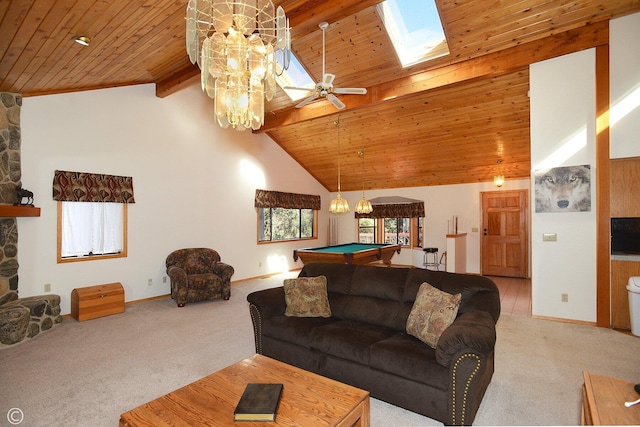 living room with carpet floors, high vaulted ceiling, ceiling fan with notable chandelier, and billiards