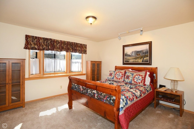 bedroom featuring carpet floors and track lighting