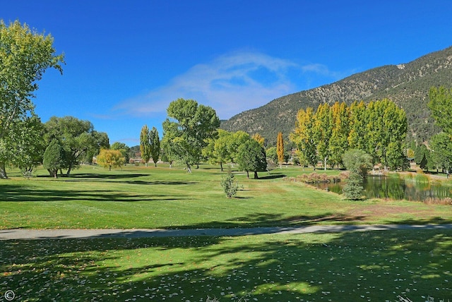 view of property's community featuring a water and mountain view and a yard