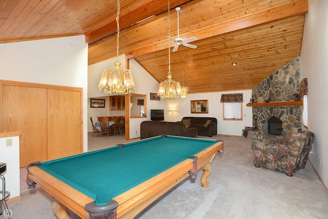 recreation room featuring carpet floors and wood ceiling