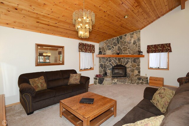 living room with wooden ceiling, lofted ceiling, light carpet, an inviting chandelier, and a fireplace