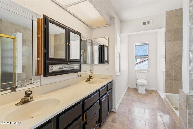 37623 E 49th St, Palmdale, CA 93552 - bathroom with double vanity, tiled bath, tile patterned floors, and tiled shower