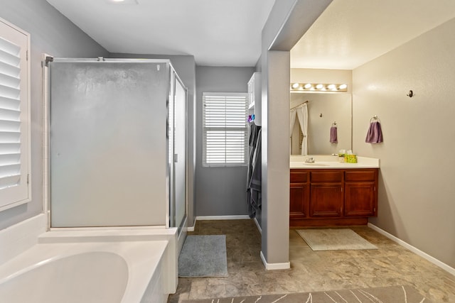 bathroom with vanity and plus walk in shower