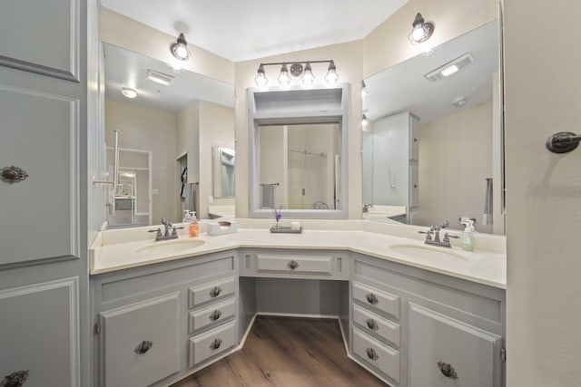 32722 Wagon Wheel Rd, Agua Dulce, CA 91390 - bathroom featuring double vanity, wood finished floors, and a shower