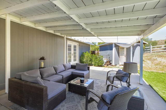 32722 Wagon Wheel Rd, Agua Dulce, CA 91390 - view of patio / terrace with french doors, outdoor lounge area, and a shed