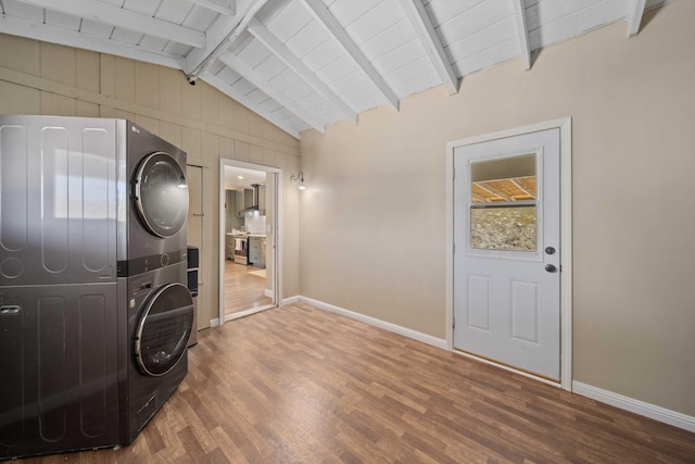 32722 Wagon Wheel Rd, Agua Dulce, CA 91390 - entryway with estacked washer and dryer, wood finished floors, and wooden ceiling