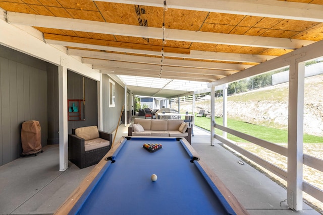 32722 Wagon Wheel Rd, Agua Dulce, CA 91390 - game room featuring beamed ceiling, wooden walls, and billiards table