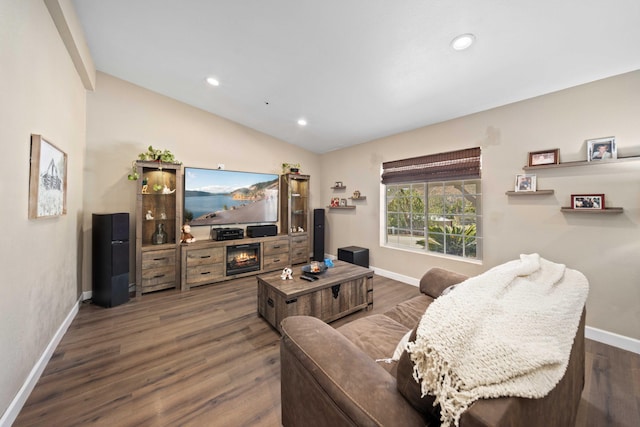 32722 Wagon Wheel Rd, Agua Dulce, CA 91390 - living room featuring wood finished floors, vaulted ceiling, recessed lighting, and a warm lit fireplace