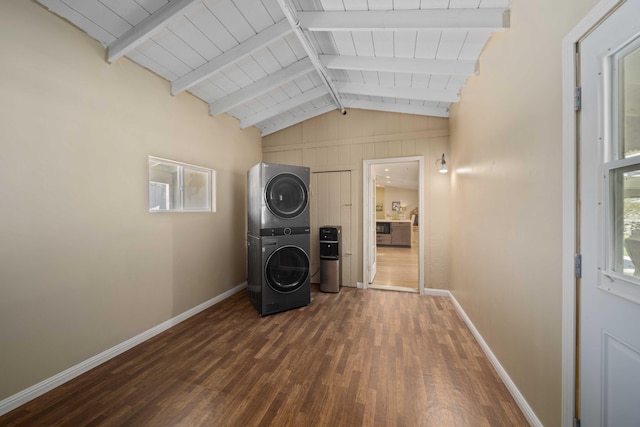 32722 Wagon Wheel Rd, Agua Dulce, CA 91390 - laundry room with stacked washer / drying machine, dark wood-style flooring, and wood ceiling