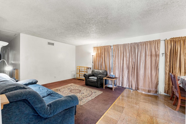 living room with a textured ceiling