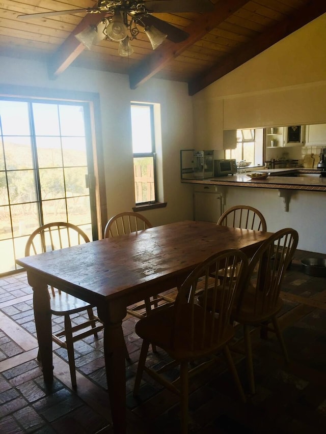 dining space with lofted ceiling with beams, ceiling fan, and wood ceiling