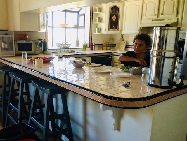 kitchen featuring tile countertops, decorative backsplash, dishwasher, and sink