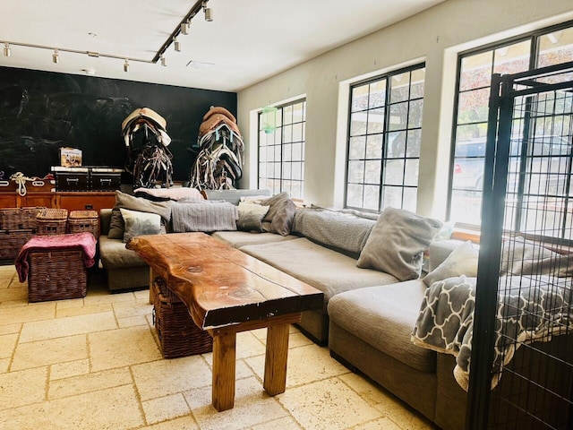 living room featuring track lighting