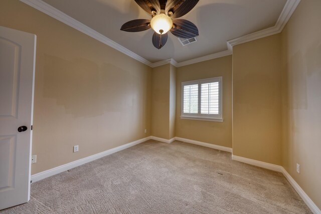 24281 Jacaranda Dr, Tehachapi, CA 93561 - carpeted spare room featuring visible vents, a ceiling fan, ornamental molding, and baseboards