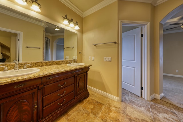 24281 Jacaranda Dr, Tehachapi, CA 93561 - bathroom with ceiling fan, baseboards, ornamental molding, and a sink