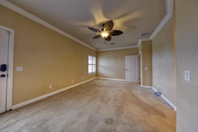 24281 Jacaranda Dr, Tehachapi, CA 93561 - carpeted empty room with visible vents, ceiling fan, ornamental molding, and baseboards