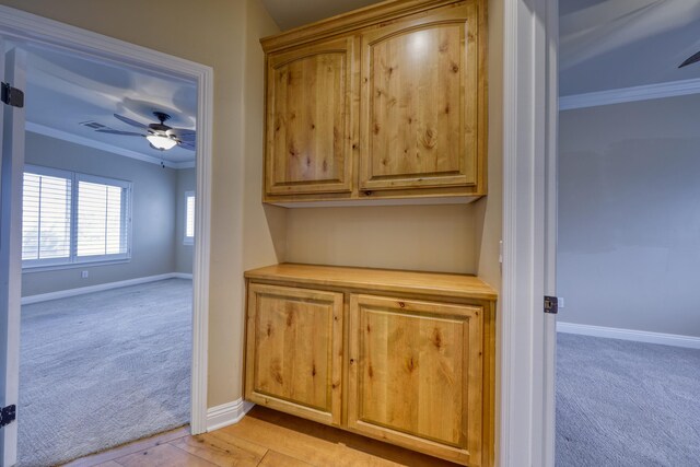 24281 Jacaranda Dr, Tehachapi, CA 93561 - interior space featuring ornamental molding, ceiling fan, carpet, and baseboards