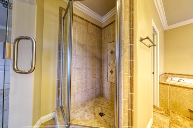 24281 Jacaranda Dr, Tehachapi, CA 93561 - bathroom featuring crown molding, tiled bath, and a shower stall