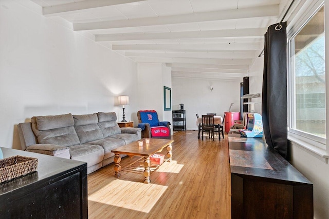 44008 E 3rd St, Lancaster, CA 93535 - living area featuring wood finished floors and beamed ceiling