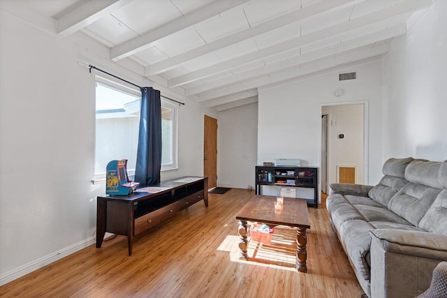 44008 E 3rd St, Lancaster, CA 93535 - living area featuring baseboards, light wood-type flooring, visible vents, and vaulted ceiling with beams