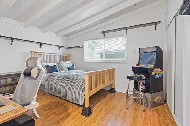 44008 E 3rd St, Lancaster, CA 93535 - bedroom featuring lofted ceiling with beams, baseboards, and wood finished floors