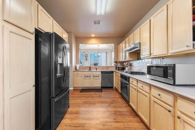 kitchen with stainless steel appliances, sink, pendant lighting, an inviting chandelier, and light hardwood / wood-style flooring