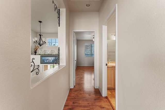 corridor featuring a notable chandelier, dark hardwood / wood-style flooring, and sink