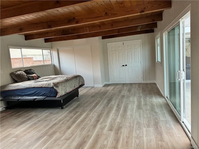 bedroom featuring light hardwood / wood-style floors, wooden ceiling, and beam ceiling