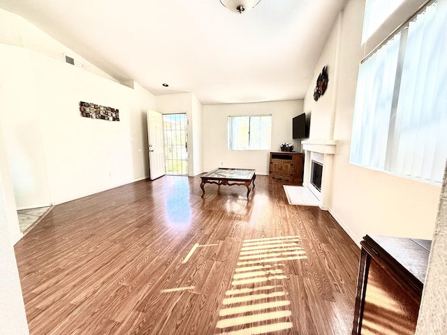 playroom with visible vents, a glass covered fireplace, wood finished floors, and vaulted ceiling