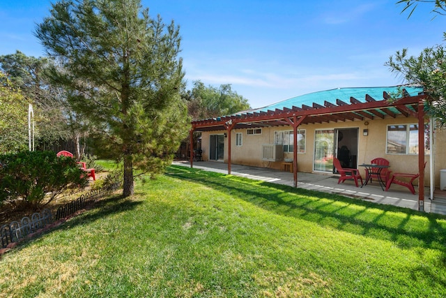 view of yard featuring central air condition unit, a patio area, and a pergola