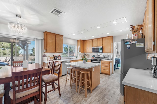 kitchen featuring appliances with stainless steel finishes, a kitchen island, decorative light fixtures, and backsplash