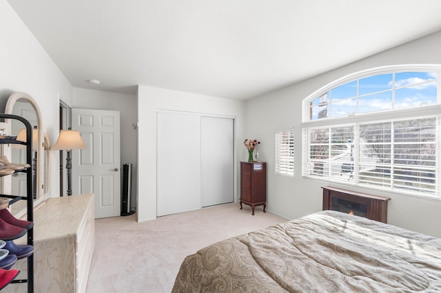 bedroom with a closet and light colored carpet