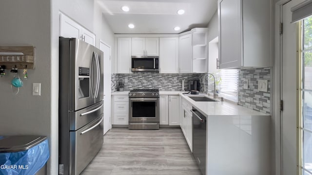 36726 Sulphur Springs Rd, Palmdale, CA 93552 - kitchen featuring stainless steel appliances, open shelves, light countertops, tasteful backsplash, and white cabinets