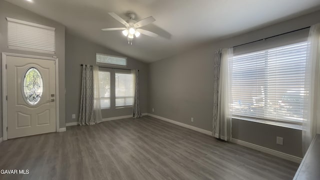 36726 Sulphur Springs Rd, Palmdale, CA 93552 - entryway with ceiling fan, healthy amount of natural light, lofted ceiling, and wood finished floors