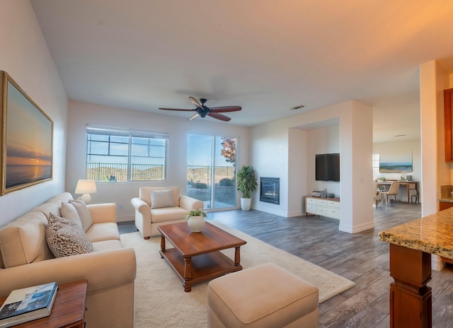 living room with ceiling fan and wood-type flooring