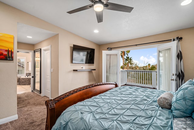 bedroom with lofted ceiling, recessed lighting, a ceiling fan, carpet flooring, and access to outside