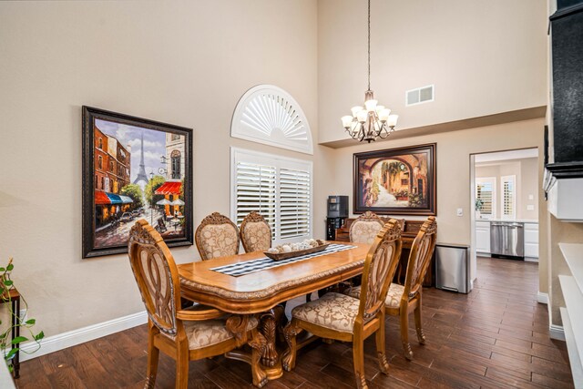 dining area with dark wood-style floors, a wealth of natural light, visible vents, and an inviting chandelier